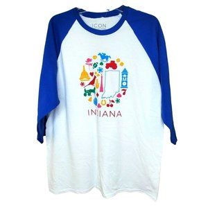 Rare White Blue Large Icon Collection Unisex 1/4 Sleeve Indiana Landmarks Shirt